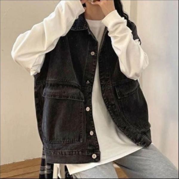남녀공용 흑청 블랙 데님조끼 청쪼끼 아우터 베스트 레이어드