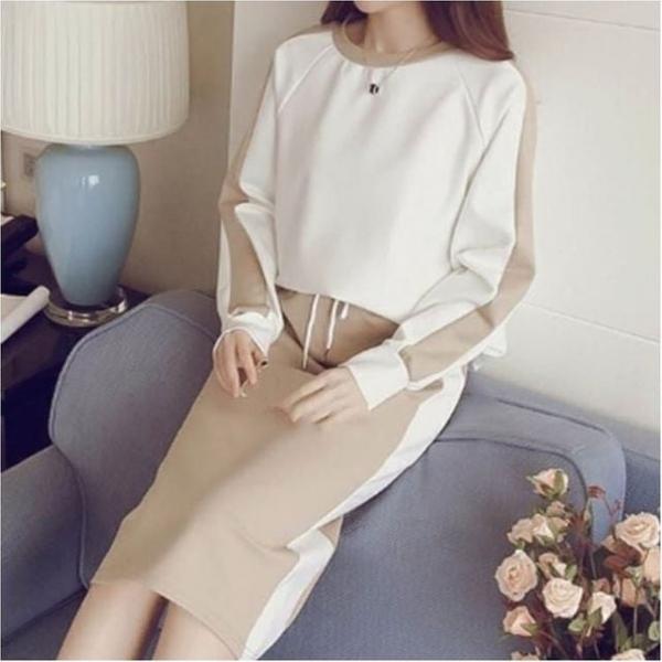 여성 라운드넥 배색 맨투맨 H라인 트레이닝 치마 세트 꾸안꾸