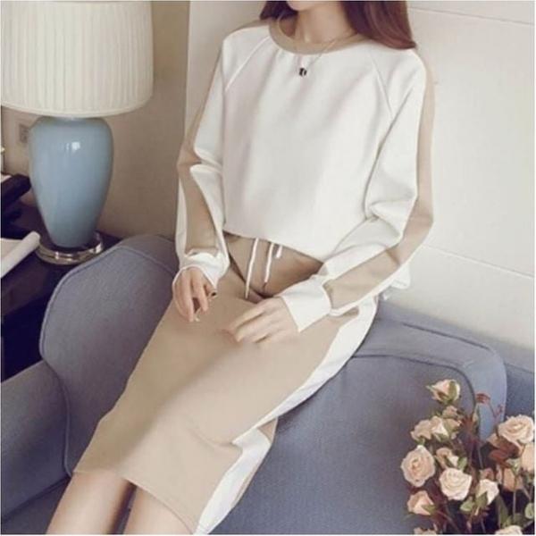 여성 라운드넥 배색 맨투맨 H라인 트레이닝 치마 세트 꾸안꾸