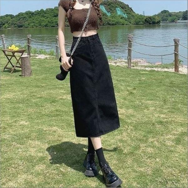 여성 H라인 롱스커트 흑청 블랙 데님 하이웨스트 치마