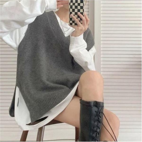 여자 브이넥 니트 베스트 겨울 레이어드 v넥쪼끼 루즈핏