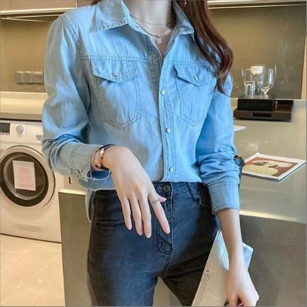 여성 캐주얼 오피스룩 단정한 데님셔츠 포켓 청남방 데일리