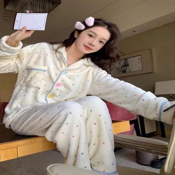 여성 달콤컬러 도트 포근한 귀여운 겨울 파자마 세트