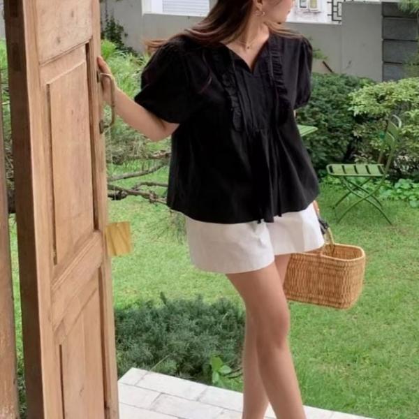 여성 2컬러 페미닌 퍼프소매 여름 프릴 블라우스