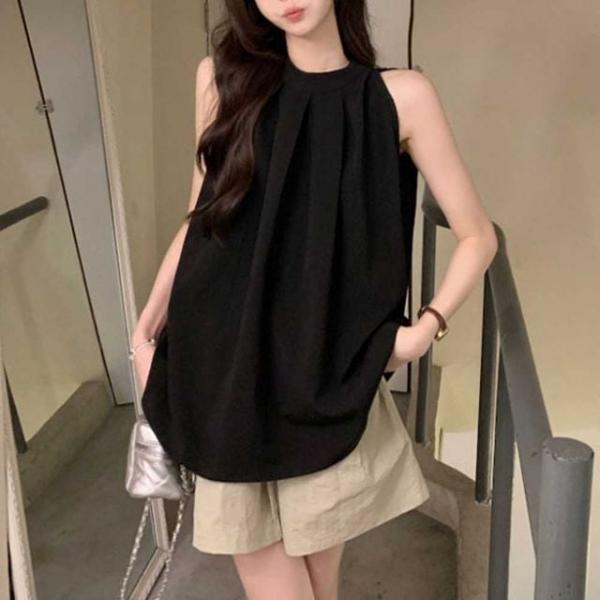 여름 출근 룩 정장 나시 민소매 훌 블라우스 홀터넥