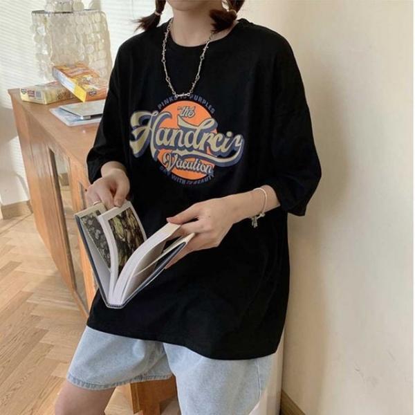 프린트 영문 박스 오버 핏 반팔 티셔츠 여자 코디