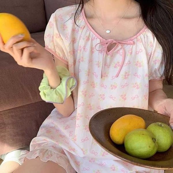 여자 여름 잠옷 핑크 리본 홈웨어 반팔 상하의 세트