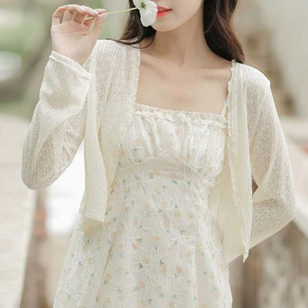 해외 신혼 여행 여자 얇은 시스루 숏 가디건 여름