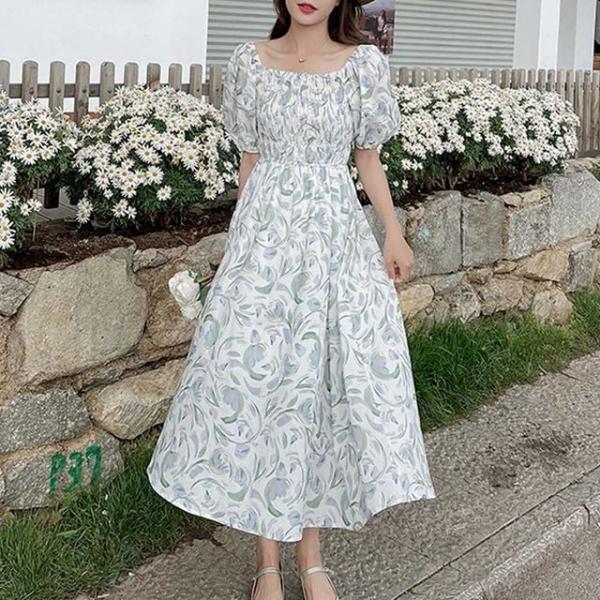 여름 데이트 룩 나들이 여행 밴딩 플라워 반팔 원피스