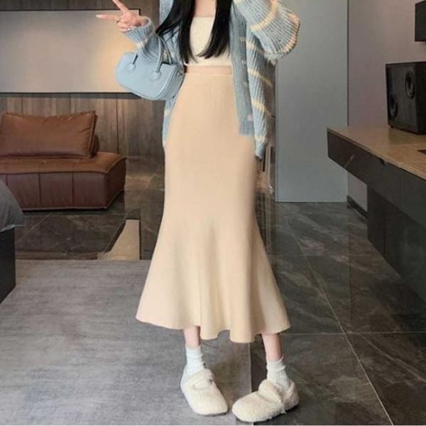 밴딩 롱 스커트 니트 머메이드 핏 여성 긴 치마 코디