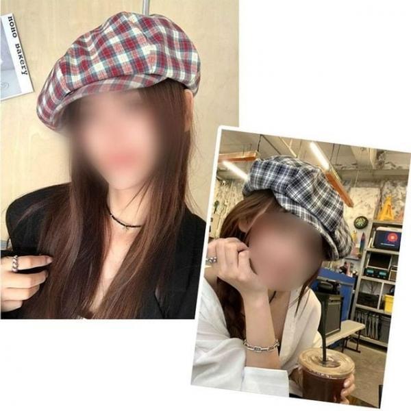 빈티지 브레드 체크 베레모 캡 모자 여성 여름모자