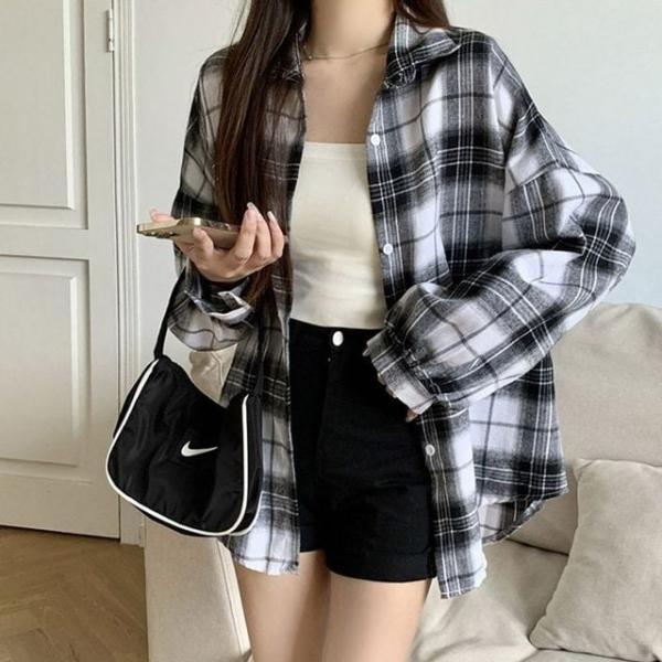 캐주얼 엘라 체크 셔츠 여성 오버핏 루즈핏 남방 긴팔
