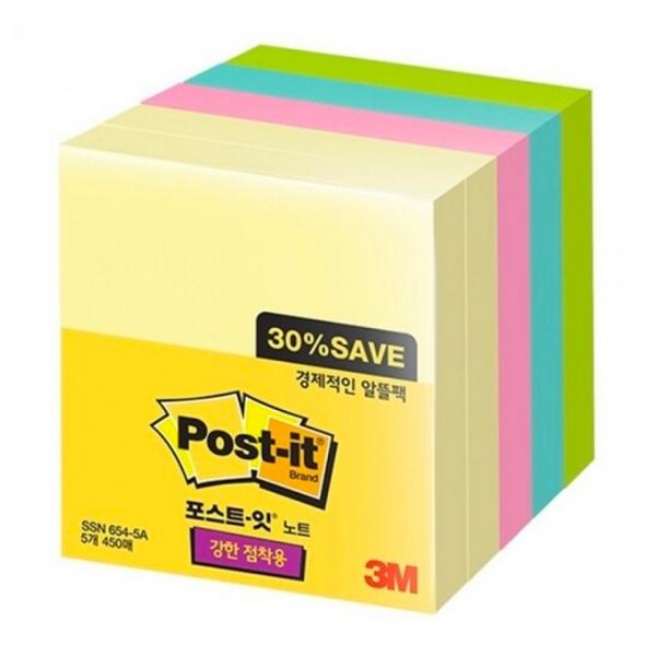 3M 포스트잇 알뜰팩 SSN654-5A 4색 5패드 76mmX76mm