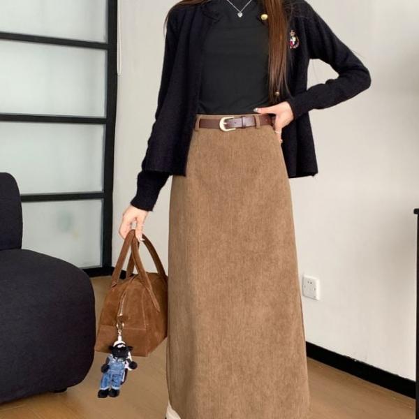 모던브라운 골덴롱스커트 하이웨스트 가을코디룩 SS-100