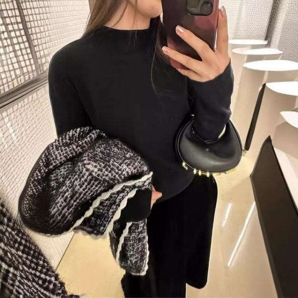 여성용 슬림핏 하프터틀넥 니트 풀오버