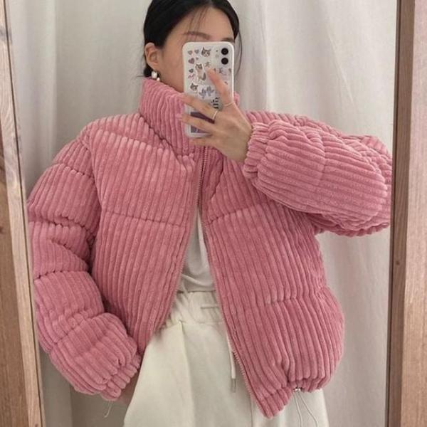 여성 코듀로이 하이넥 숏패딩 D E20 누빔 숏 코듀로이 아우터 여성 패딩