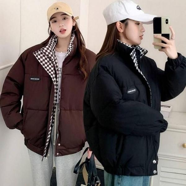 여자 바둑판패딩 안감 예쁜 패턴 하이넥 미들기장 점퍼 여자 패딩 집업자켓 미들 바람막이 덕다운 여성