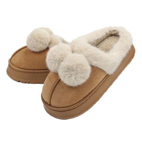 여성 겨울 털 슬리퍼(브라운) 푹신한 룸슈즈 방한털신 실내화 귀여운 투방울