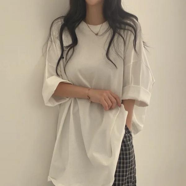 라렌 화이트 롱티 여성 빅사이즈 7부소매 면 임부복 66 77 88 루즈핏 오버핏 임산부옷 면티