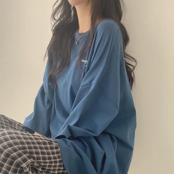 라렌 네이비 롱티 여성 빅사이즈 7부소매 면 임부복 66 77 88 루즈핏 오버핏 임산부옷 면티