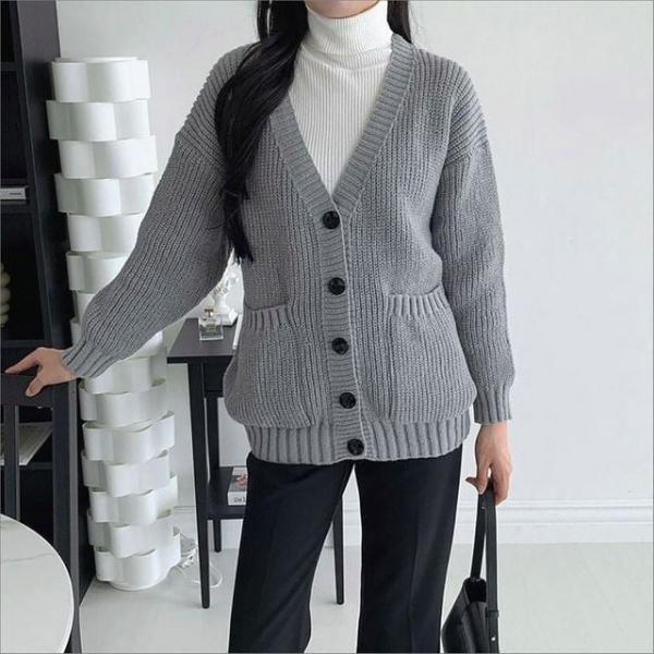 여성 브이넥 루즈핏 넓은골지 니트 가디건 빅포켓 간절기 3색