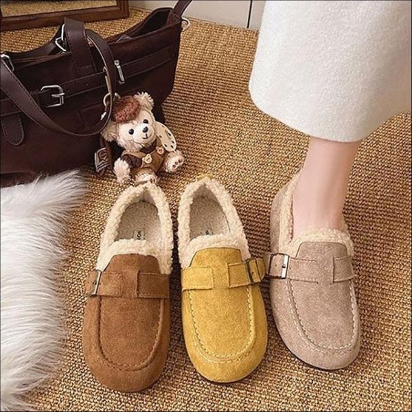 여성 스웨이드 뽀글이 슬립온 로우 단화 겨울 신발