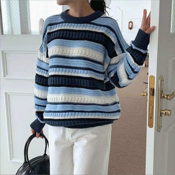스트라이프 라운드넥 니트 루즈핏 캐주얼 여성 티셔츠 2색