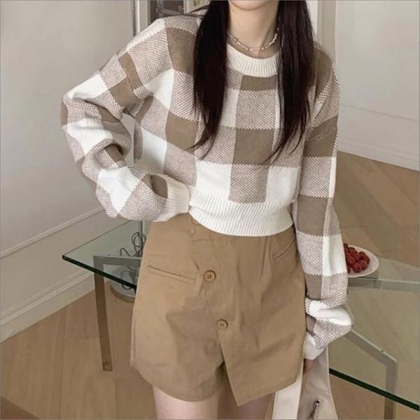 여성 체크 크롭 기장 니트 라운드넥 긴팔 사각 패턴