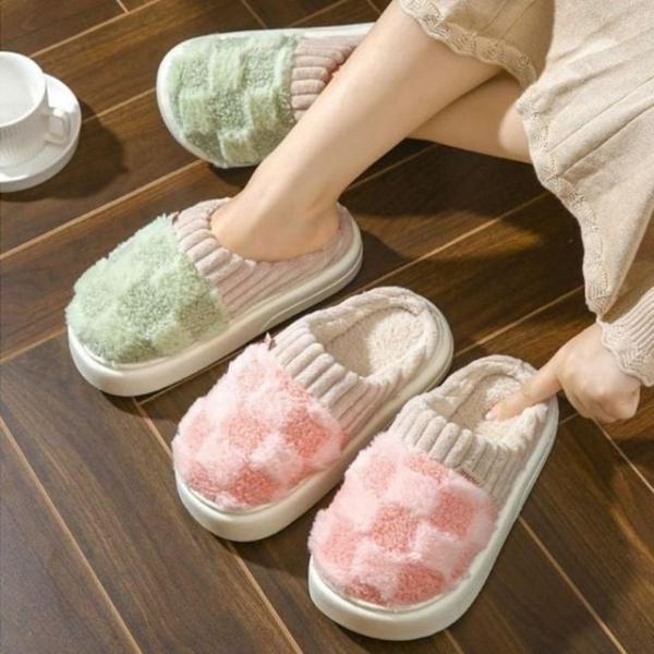 겨울 논슬립 체크 털실내화 1P 사무실 방한 슬리퍼 용슬리퍼 가정용 털슬리퍼 층간소음 실내 신발 화