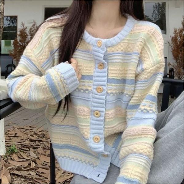 여성 파스텔톤 배색 단가라 니트 버튼 가디건 라운드넥 2색