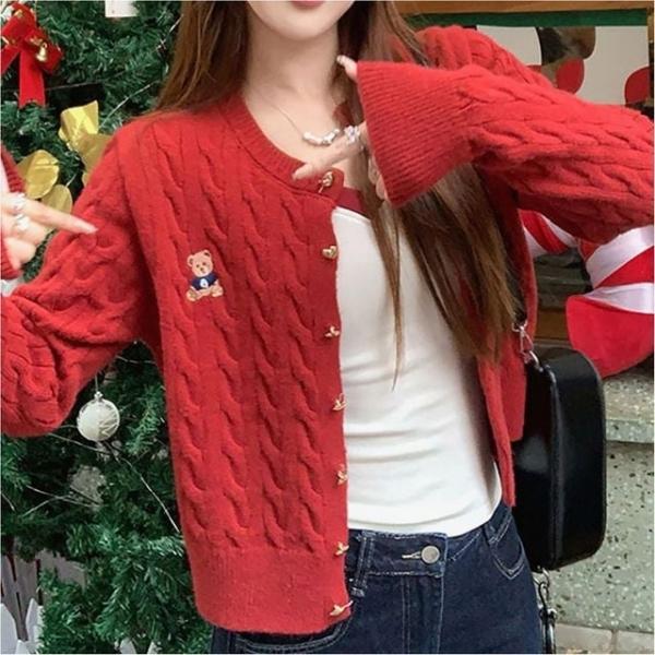 여성 자수 봄가을 겨울 꽈배기 라운드넥 니트 가디건 금장단추 4색