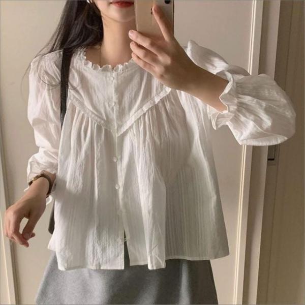 여성 페미닌 얇은 프릴 레이스 화이트 블라우스 루즈핏