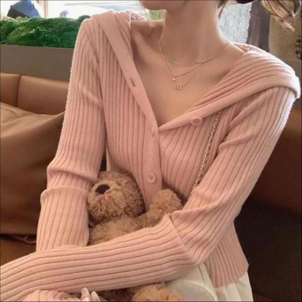 여자 세미크롭 골지 후드 얇은니트 가디건 간절기 집업 3색