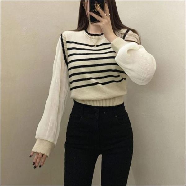 여성 라운드넥 단가라 니트조끼 플소매 블라우스 일체형