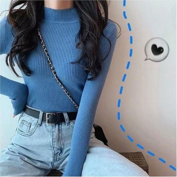 여자 얇은골지 반목 목폴라 슬림핏 긴팔 니트 티셔츠 6색