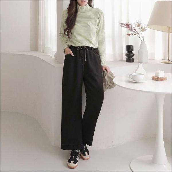 여성 와이드핏 허리밴딩 데님 팬츠 일자 스티치 통바지