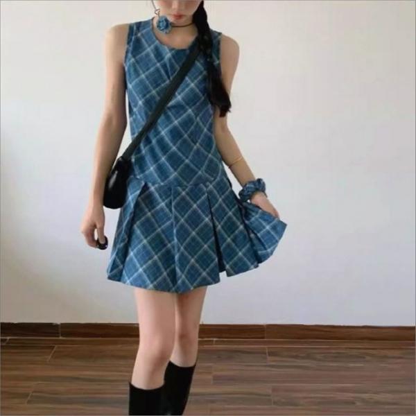 여성 A라인 체크 플 미니원피스 헤어 스크런치 세트