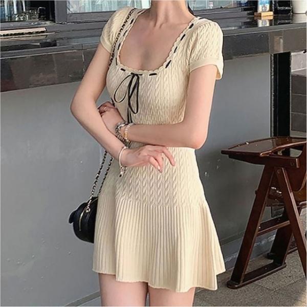 여성 페미닌 U넥 꽈배기 리본 반팔 니트 플레어 원피스 3색