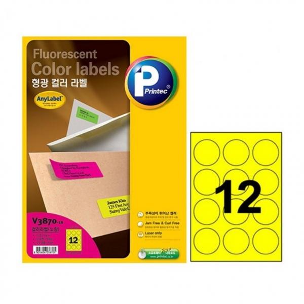 프린텍 V3870-10 형광컬러라벨 노랑 12칸10매