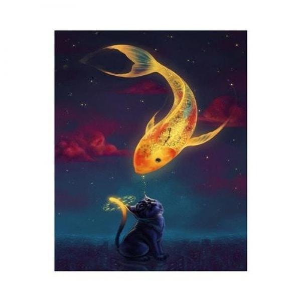 DIY 보석십자수 황금잉어와 고양이 40x50