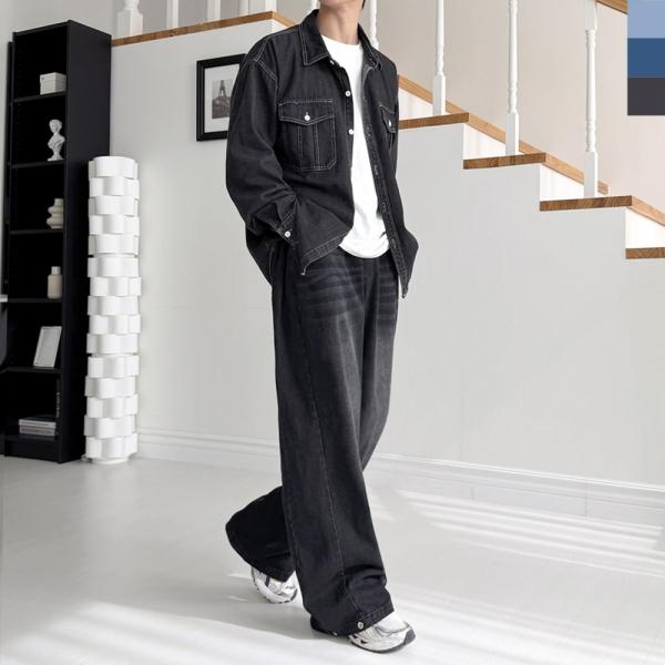 GAA SF1045M 남자 사이드턱 스냅 버튼 와이드 밴딩 청바지 데님