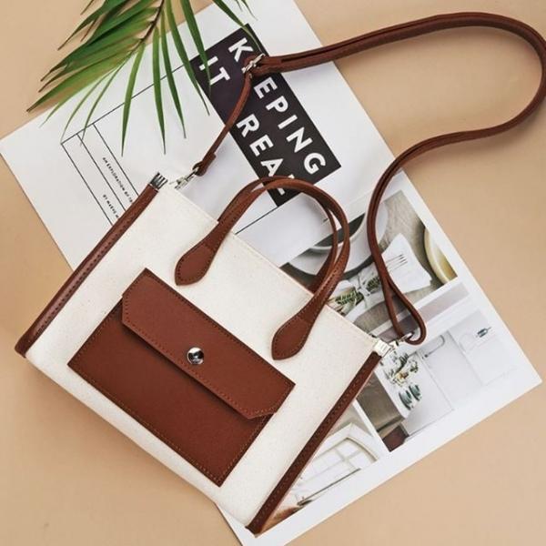 토트 크로스 스퀘어 포켓 캔버스 가방 카멜콤비