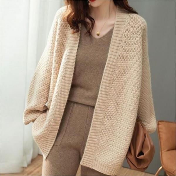 여성 노버튼 오픈형 루즈핏 와플짜임 니트 가디건 간절기 아우터