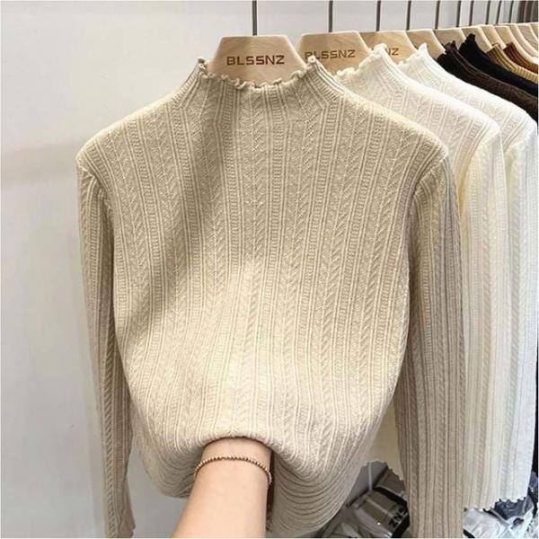 여성 프릴 반목 이너니트 긴팔 하프넥 레이스 티셔츠 슬림핏