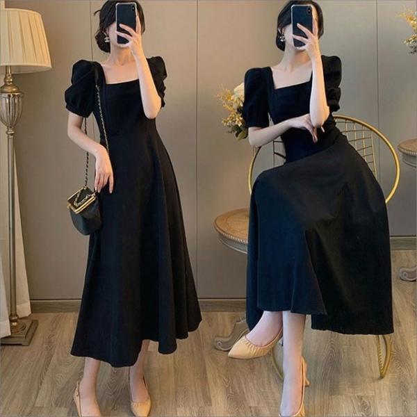 여성 스퀘어넥 퍼프소매 반팔 롱원피스 여름 하객룩 예쁜원피스