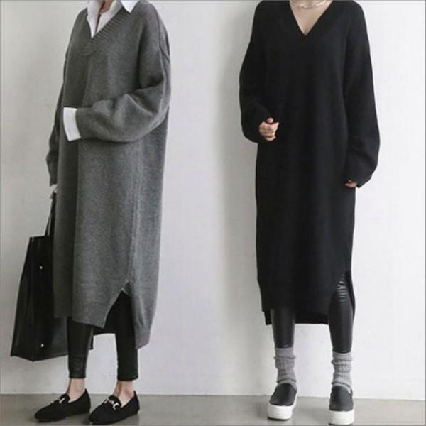 여성 겨울 데일리 v넥 니트 롱원피스 루즈핏 울혼방 원피스