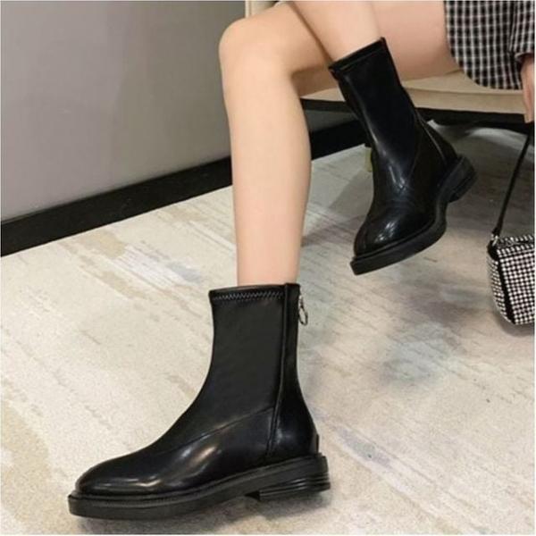 여성 심플 둥근앞코 슬림핏 2컬러 앵클부츠 미들기장 뒷지퍼