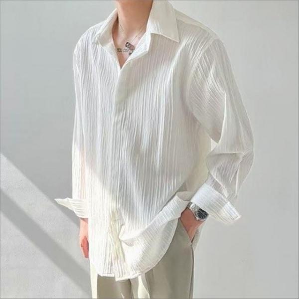 남성 셔츠 간절기 긴팔 세로 패턴 카라버튼 플 남방 2색