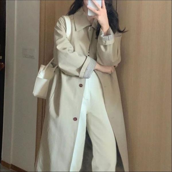 여성 클래식한 카라 롱기장 트렌치코트 가을 체크 소매 2컬러