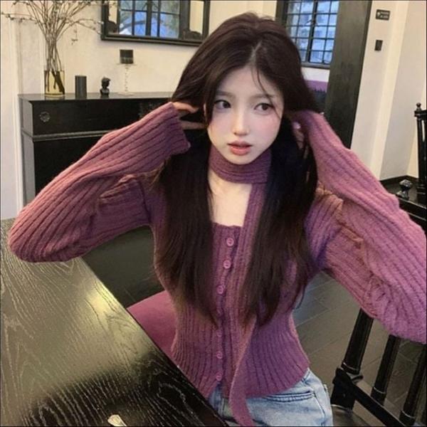 여성 페미닌 버튼 골지가디건 니트 머플러 레이어드 세트 3컬러